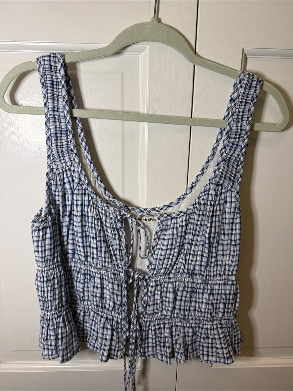 Abercrombie & Fitch Blue and White Plaid Tie-Front Smocked Camisole Top